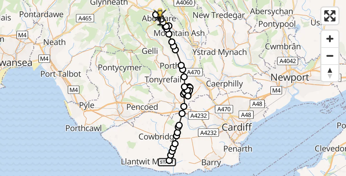 Routekaart van de vlucht: Police Helicopter to Aberdare, Wellington Street