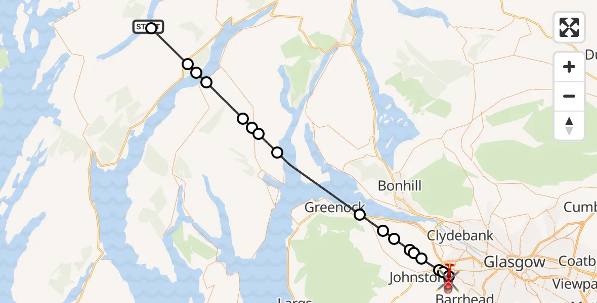 Flight route Air Ambulance Helicopter Dalavich - Royal Alexandria Hospital Paisley, 03 March 2026, 22:14
