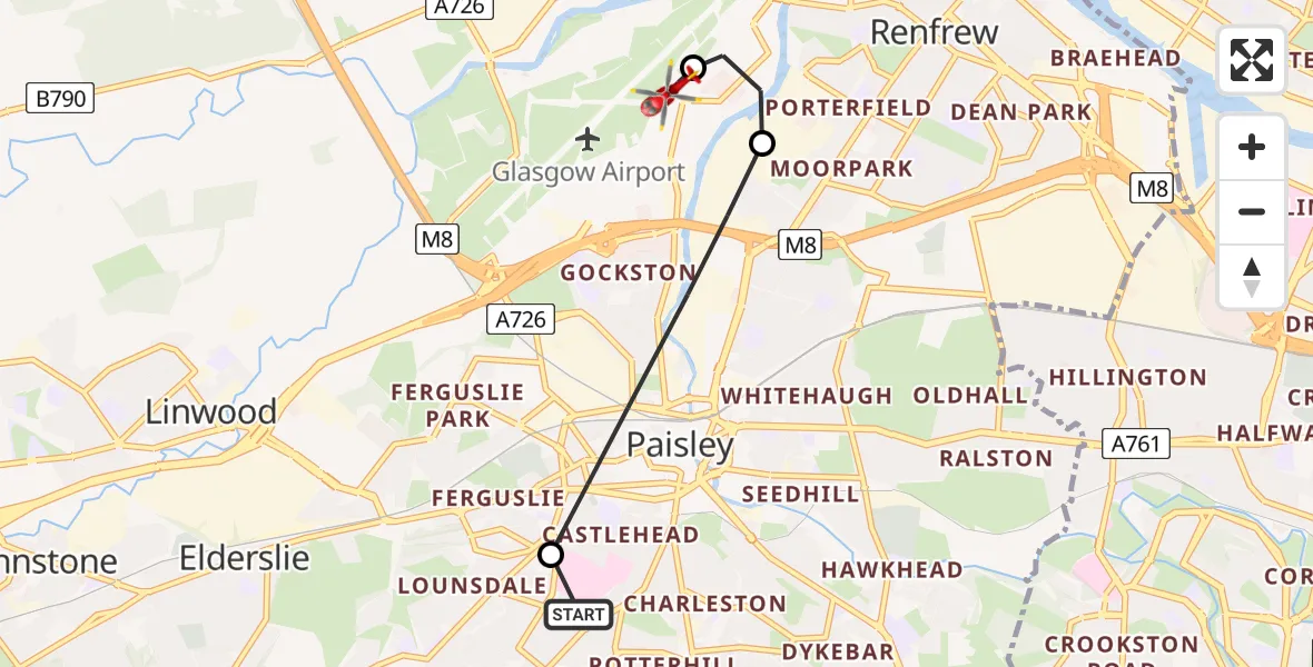 Flight route Air Ambulance Helicopter Royal Alexandria Hospital Paisley - Glasgow Airport, 03 March 2026, 23:03