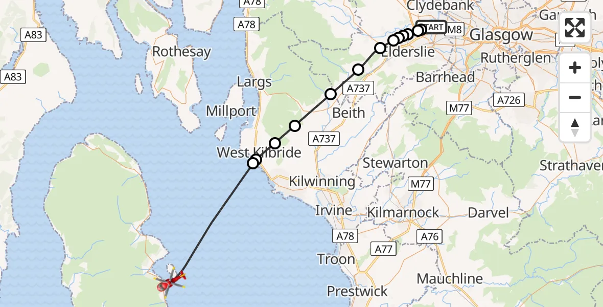 Flight route Air Ambulance Helicopter Glasgow Airport - Inner Seas, 03 March 2026, 23:43