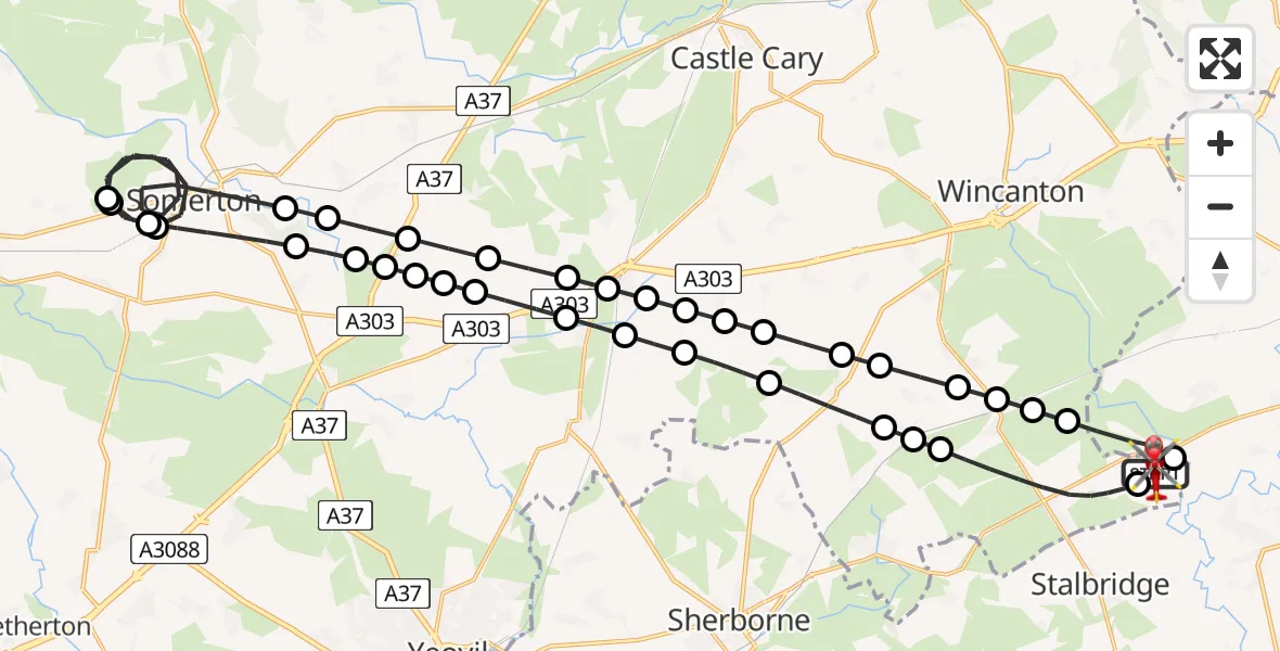 Flight path map showing Air Ambulance Helicopter route from Henstridge Airfield to Henstridge Airfield