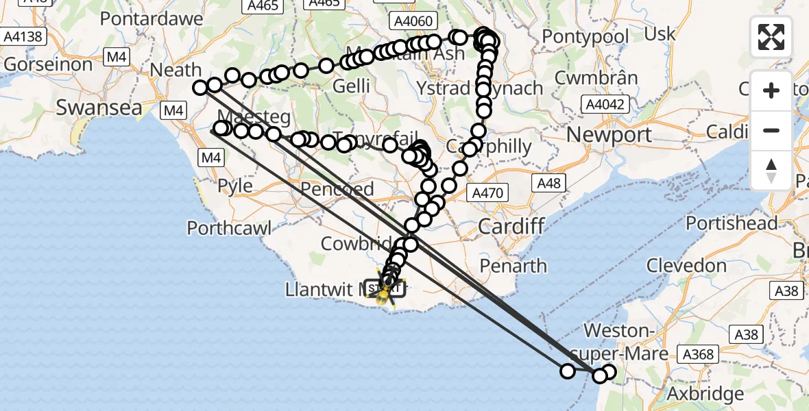 Flight path map showing Police Helicopter route from MOD St Athan to Flemingston