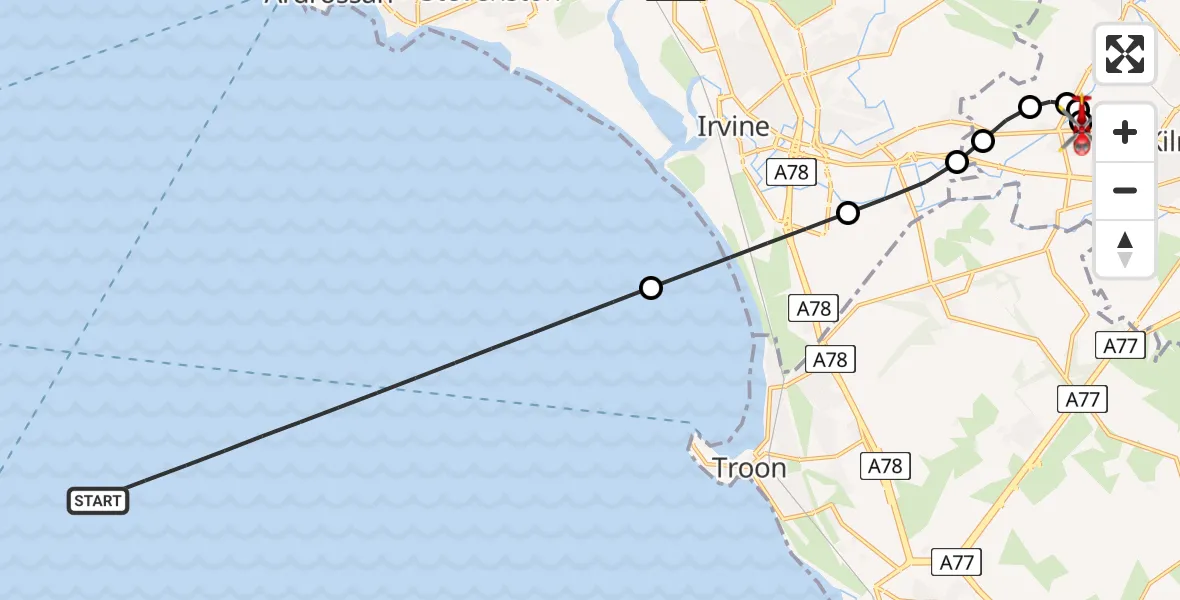Flight path map showing Air Ambulance Helicopter route from Inner Seas to Crosshouse