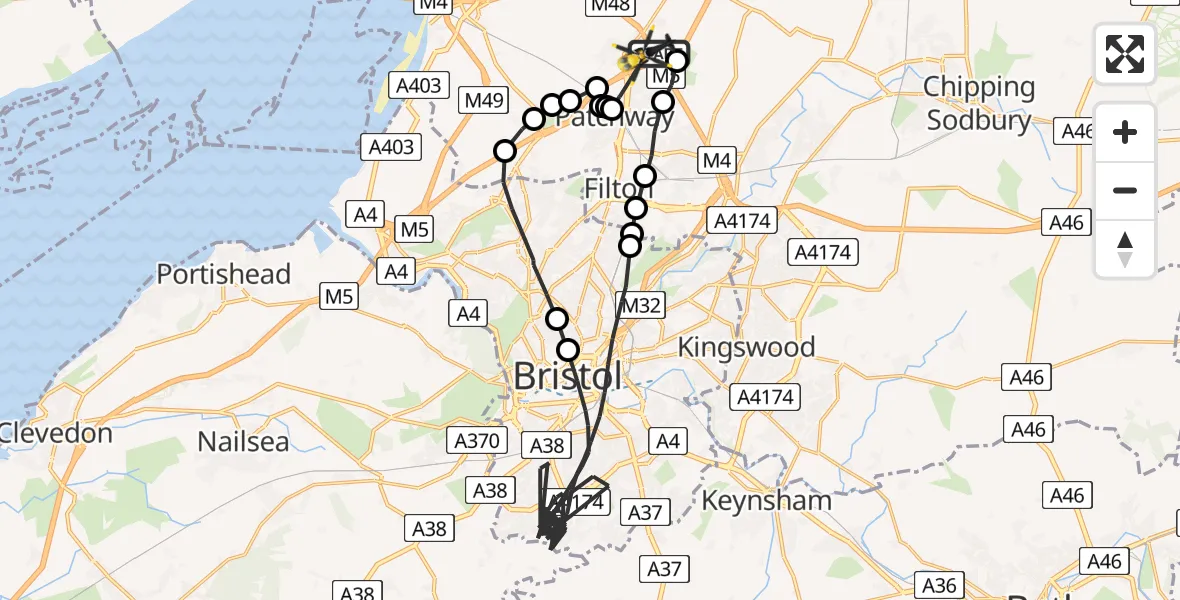Flight path map showing Police Helicopter route from Hortham to Almondsbury Helicopter Base