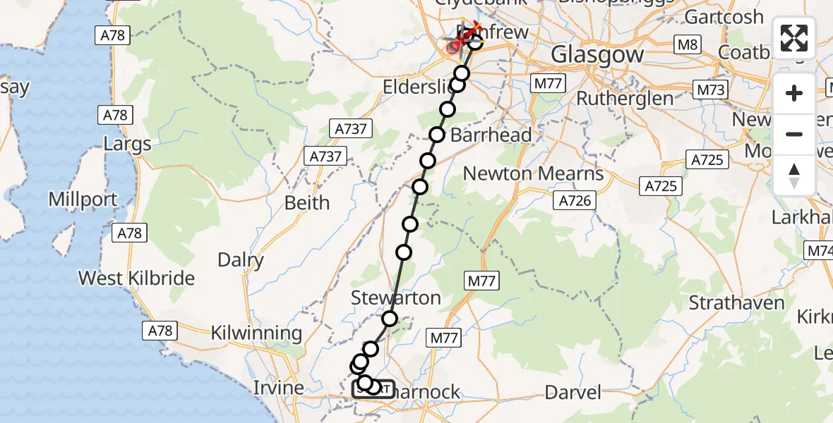Flight path map showing Air Ambulance Helicopter route from Crosshouse University Hospital to Glasgow Airport