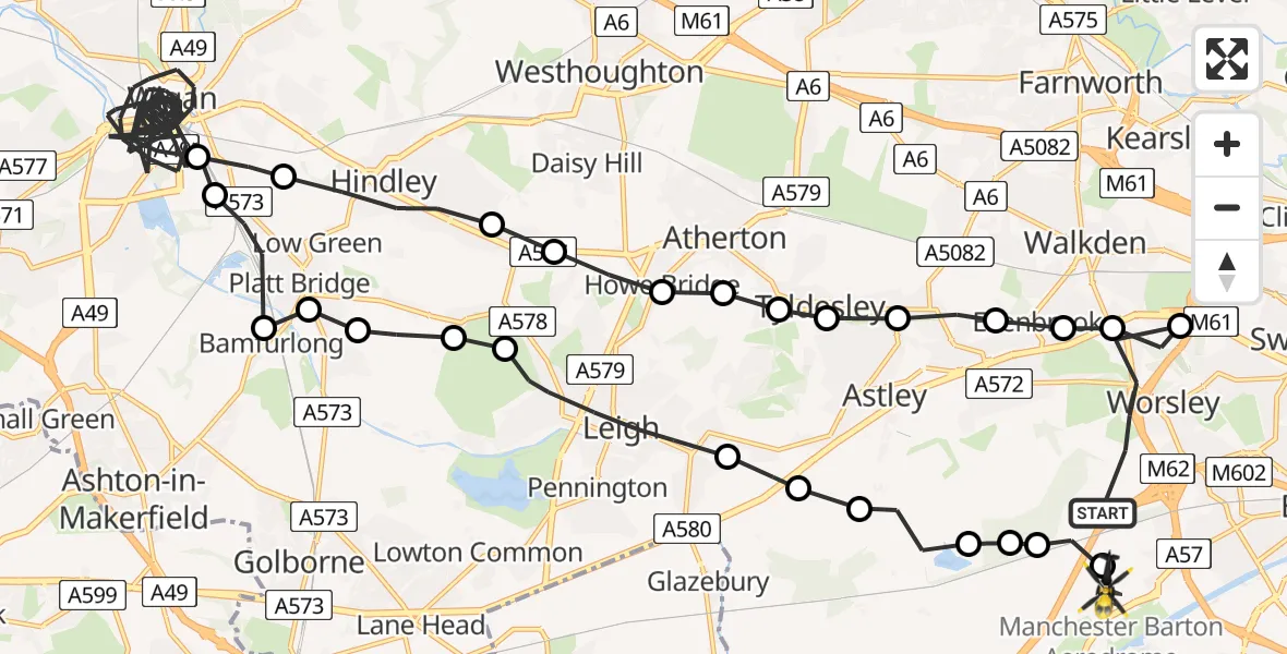 Flight path map showing Police Helicopter route from Worsley to Manchester Barton Aerodrome