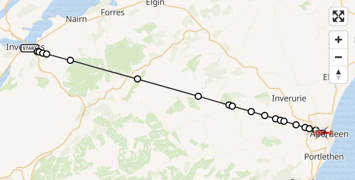Flight path map showing Air Ambulance Helicopter route from Inverness to Aberdeen City