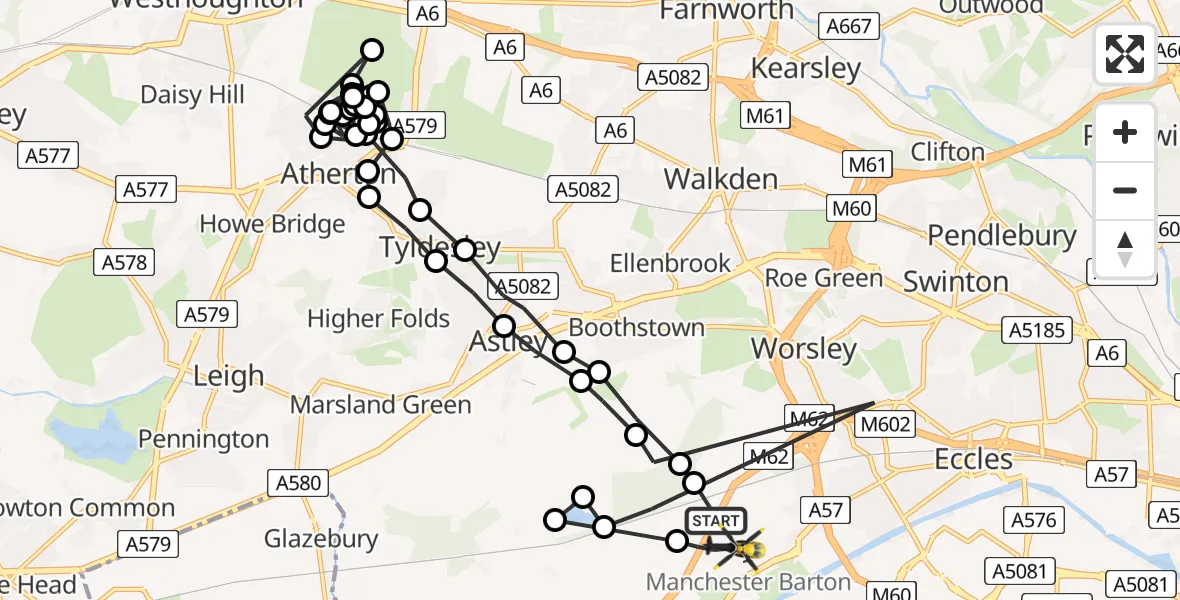 Flight path map showing Police Helicopter route from Manchester Barton Aerodrome to Manchester Barton Aerodrome