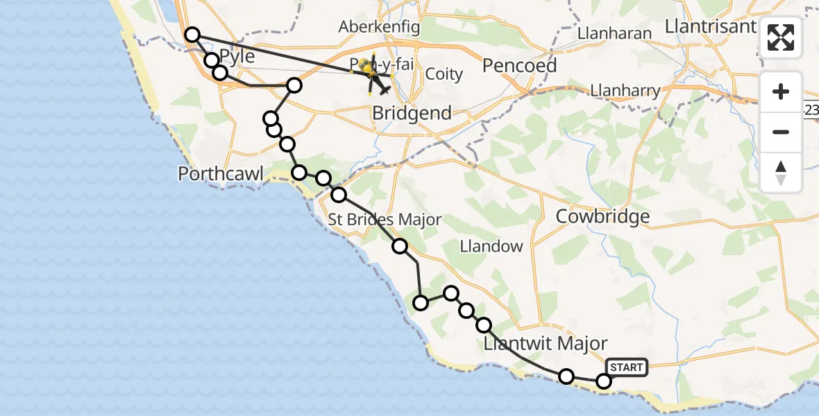 Flight path map showing Police Helicopter route from MOD St Athan to Bryntirion