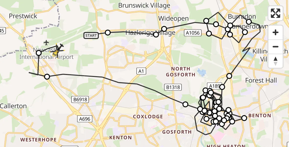 Flight path map showing Police Helicopter route from Newcastle International Airport to Newcastle International Airport
