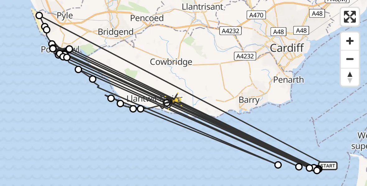 Flight path map showing Police Helicopter route from Bristol Channel to MOD St Athan