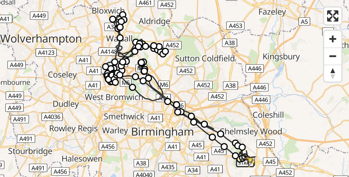 Flight path map showing Police Helicopter route from Birmingham Airport to Birmingham Airport