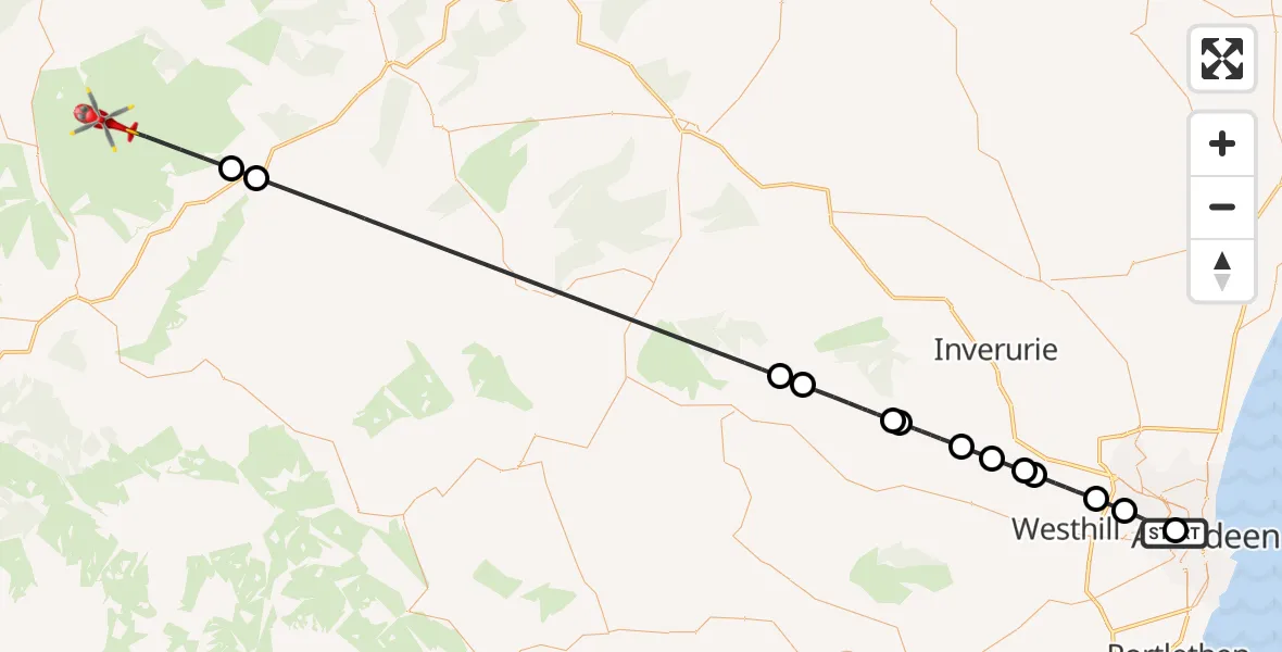 Flight path map showing Air Ambulance Helicopter route from Aberdeen Royal Infirmary Helistrip to Advie