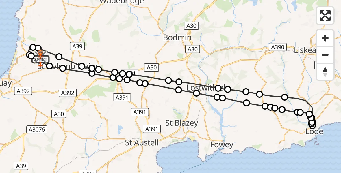 Flight path map showing Coastguard Helicopter route from Cornwall Airport Newquay to Cornwall Airport Newquay