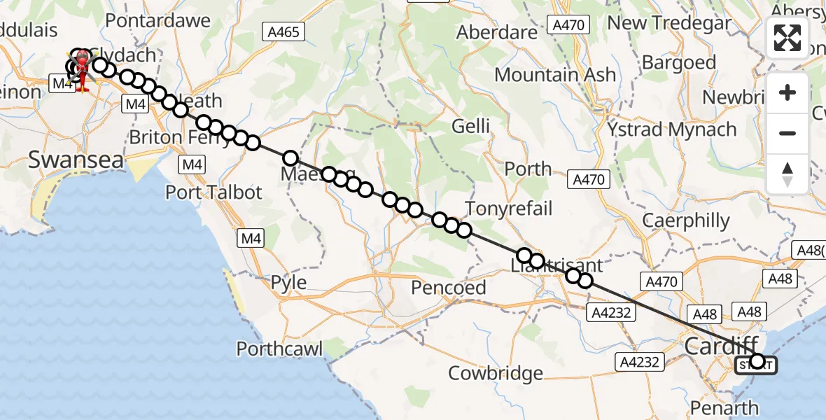 Flight path map showing Air Ambulance Helicopter route from Cardiff Heliport to Morriston Hospital Helipad