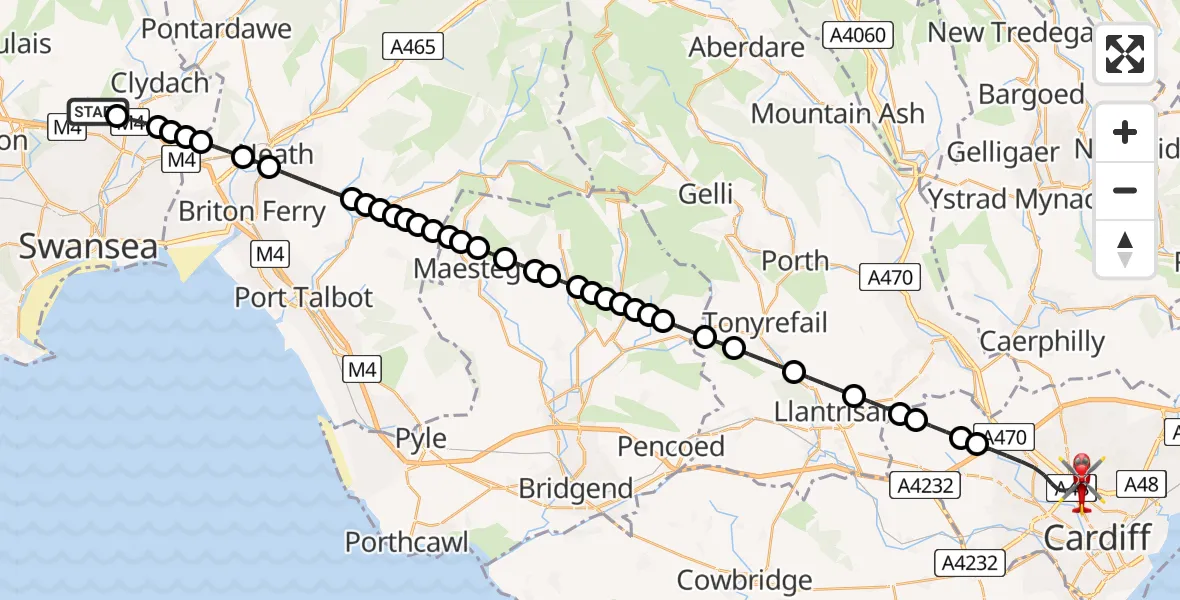 Flight path map showing Air Ambulance Helicopter route from Morriston Hospital Helipad to Cardiff