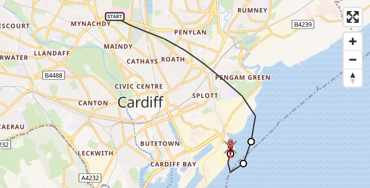 Flight path map showing Air Ambulance Helicopter route from Cardiff to Cardiff Heliport
