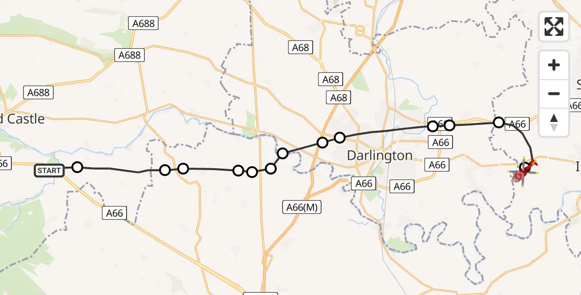 Flight path map showing Air Ambulance Helicopter route from Rokeby to Teesside International Airport