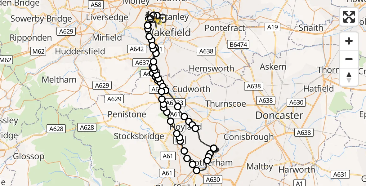 Flight path map showing Police Helicopter route from Wrenthorpe to East Ardsley