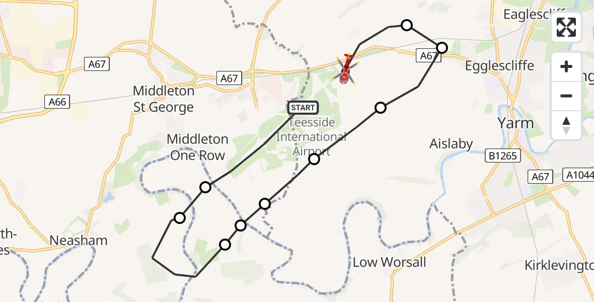 Flight path map showing Air Ambulance Helicopter route from Teesside International Airport to Longnewton