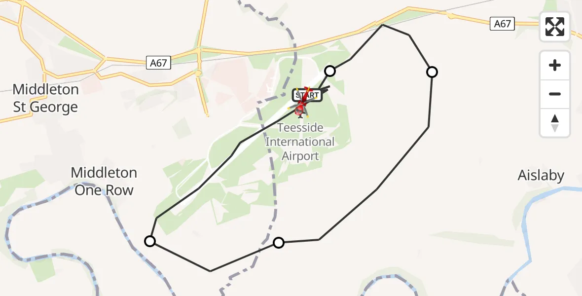 Flight path map showing Air Ambulance Helicopter route from Teesside International Airport to Teesside International Airport