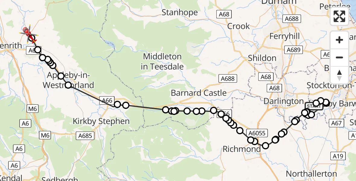 Flight path map showing Air Ambulance Helicopter route from Teesside International Airport to Langwathby