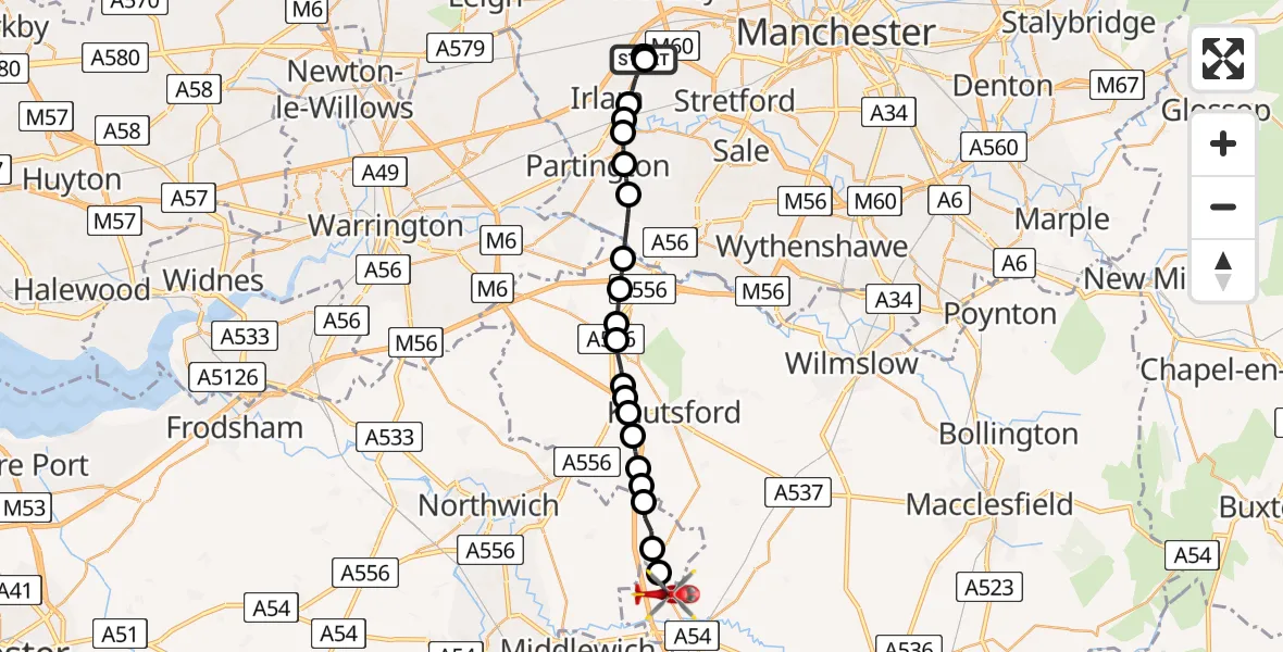 Flight path map showing Air Ambulance Helicopter route from Manchester Barton Aerodrome to Cranage