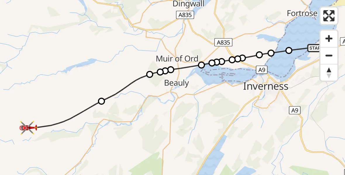 Flight path map showing Air Ambulance Helicopter route from Inverness to Struy
