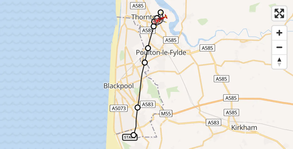 Flight path map showing Air Ambulance Helicopter route from Blackpool Airport to Little Thornton