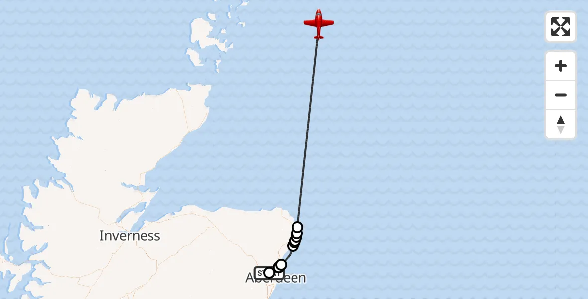 Flight path map showing Air Ambulance Aircraft route from Aberdeen International Airport to North Sea