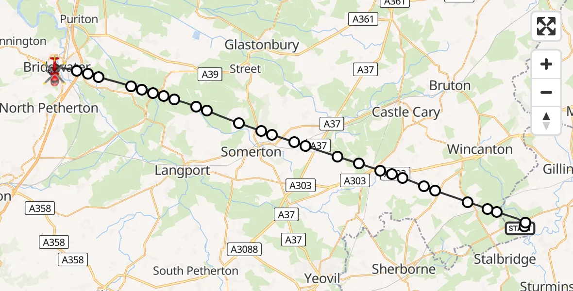 Flight path map showing Air Ambulance Helicopter route from Henstridge Airfield to Bridgwater