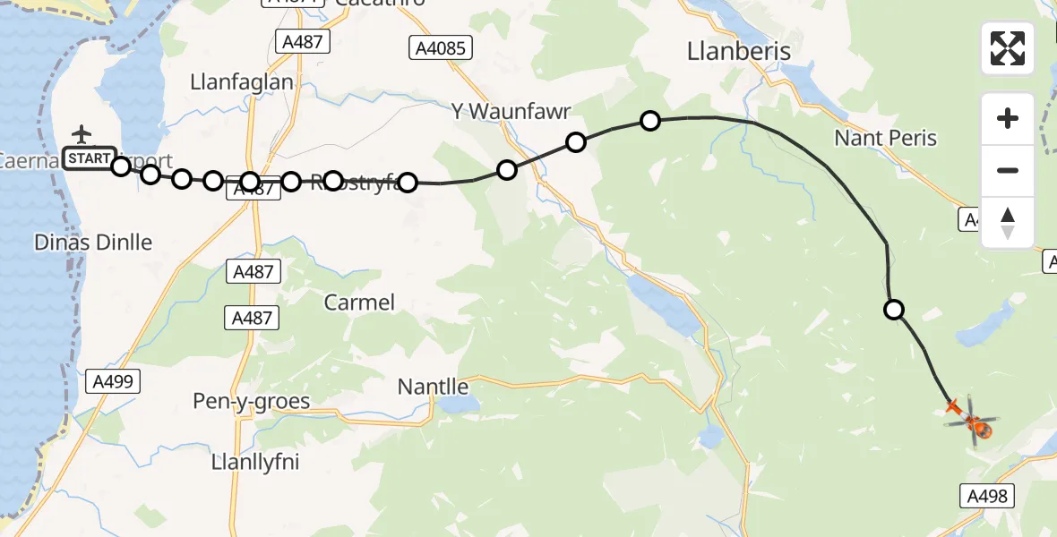 Flight path map showing Coastguard Helicopter route from Caernarfon Airport to Beddgelert