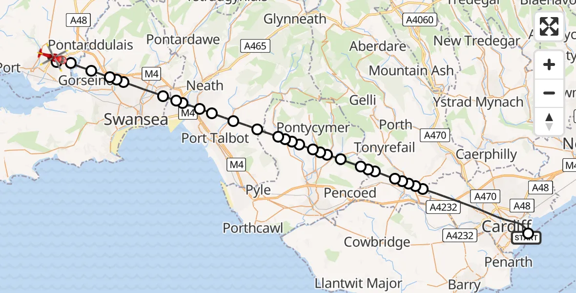 Flight path map showing Air Ambulance Helicopter route from Cardiff Heliport to Dafen