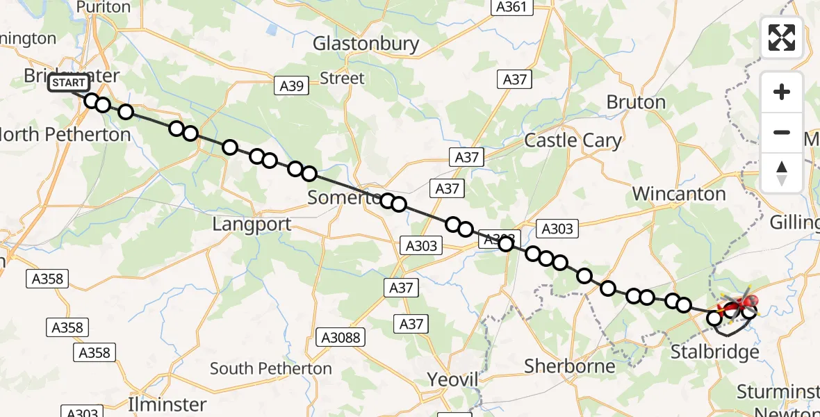 Flight path map showing Air Ambulance Helicopter route from Bridgwater to Henstridge Airfield