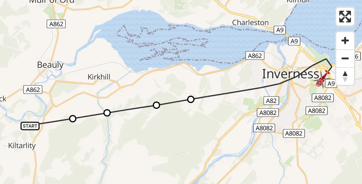 Flight path map showing Air Ambulance Helicopter route from Kiltarlity to Inverness