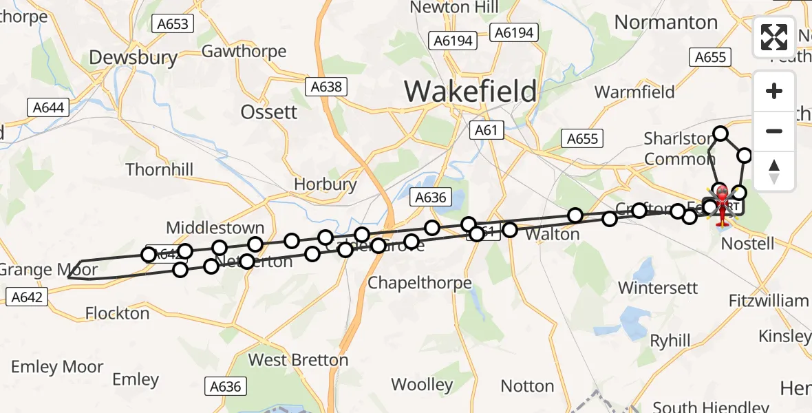 Flight path map showing Air Ambulance Helicopter route from YAA Nostell Helicopter Port to YAA Nostell Helicopter Port