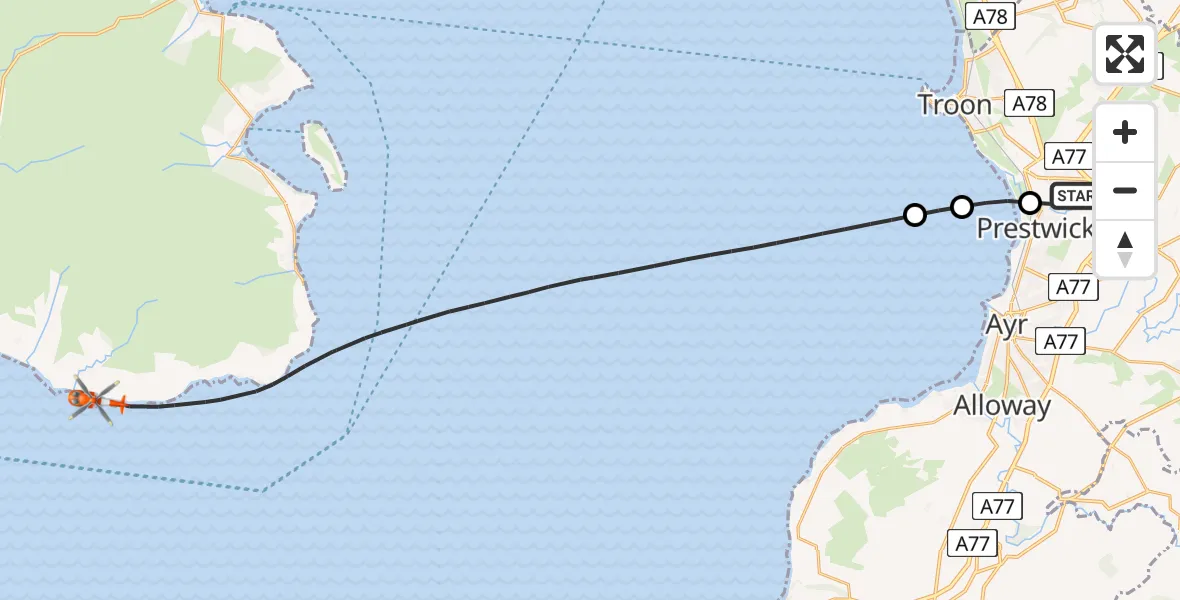 Flight path map showing Coastguard Helicopter route from Glasgow Prestwick Airport to Inner Seas