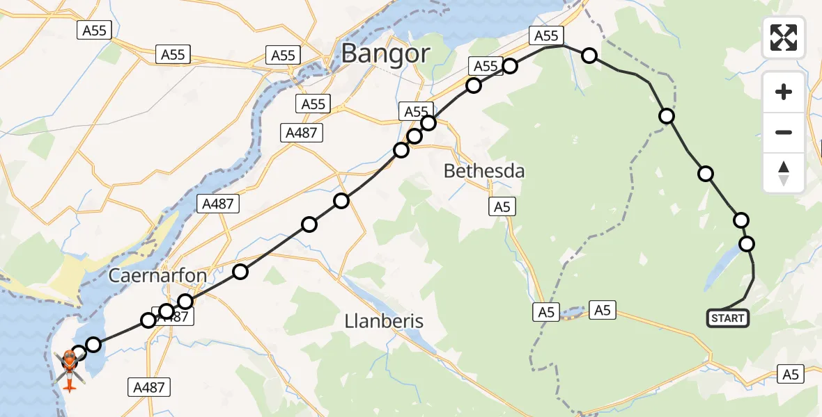 Flight path map showing Coastguard Helicopter route from Trefriw to Caernarfon Airport