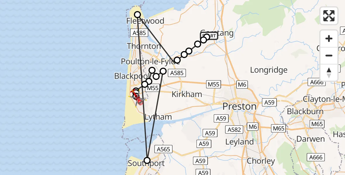 Flight path map showing Air Ambulance Helicopter route from Nateby to Blackpool Airport