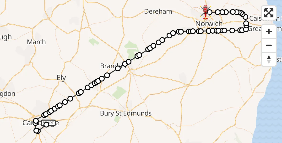 Flight path map showing Air Ambulance Helicopter route from Cambridge City Airport to Norwich Airport
