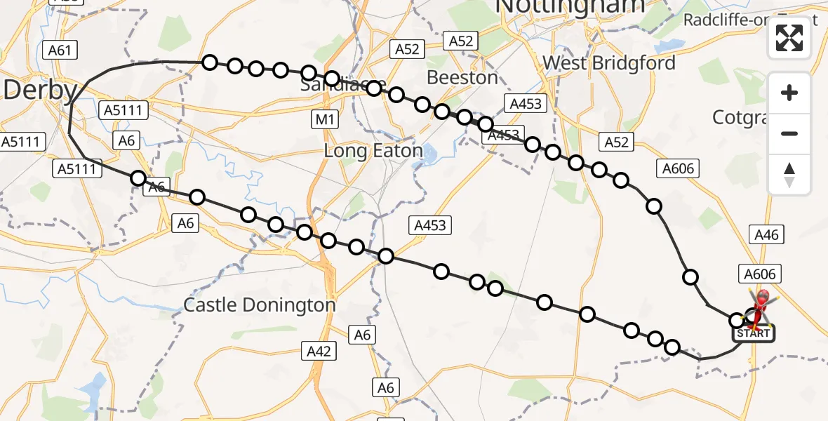 Flight path map showing Air Ambulance Helicopter route from Willoughby on the Wolds to Nottingham Heliport