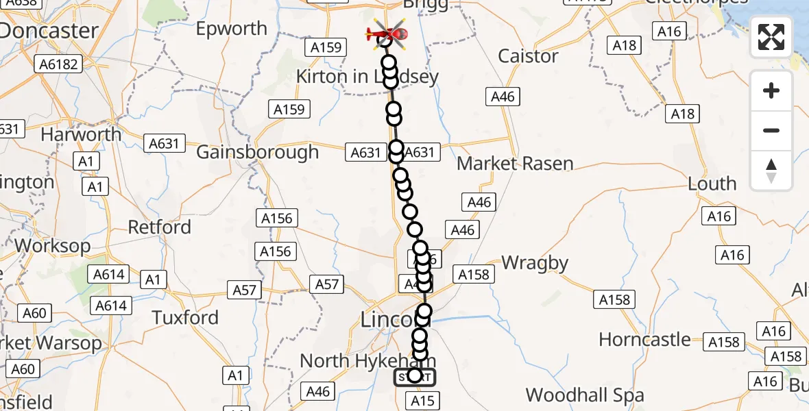 Flight path map showing Air Ambulance Helicopter route from RAF Waddington to Hibaldstow