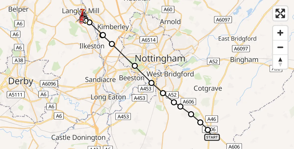 Flight path map showing Air Ambulance Helicopter route from Nottingham Heliport to Langley Mill
