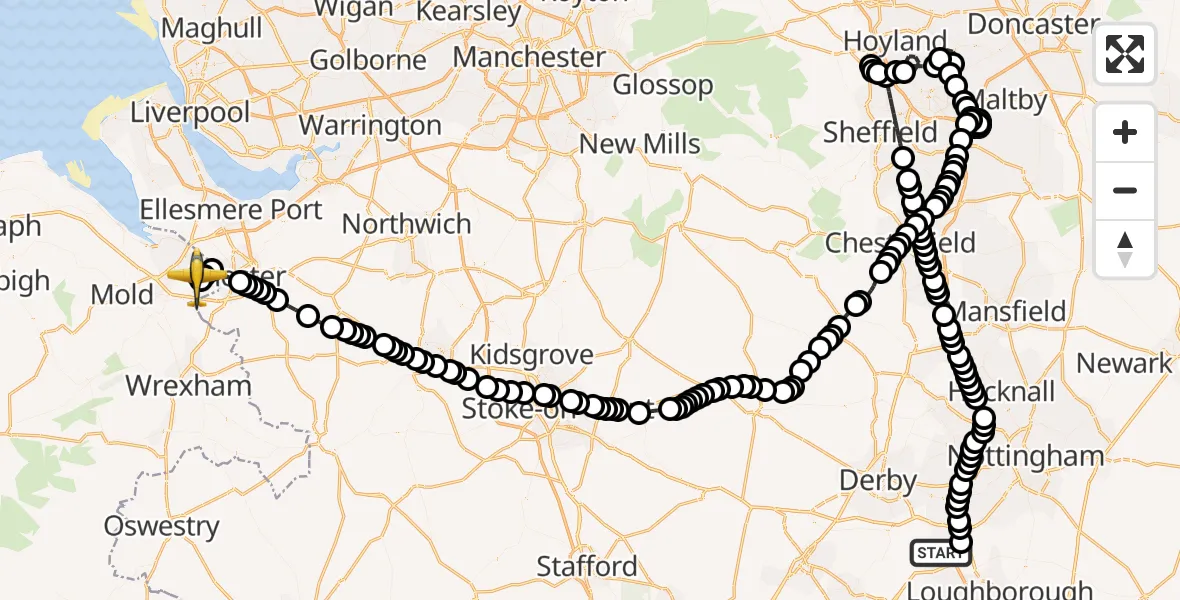 Flight path map showing Police Aircraft route from East Midlands Airport to Hawarden Airport