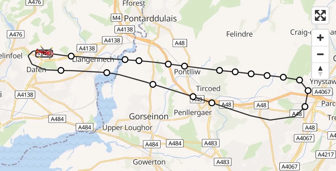 Flight path map showing Air Ambulance Helicopter route from Dafen to Dafen