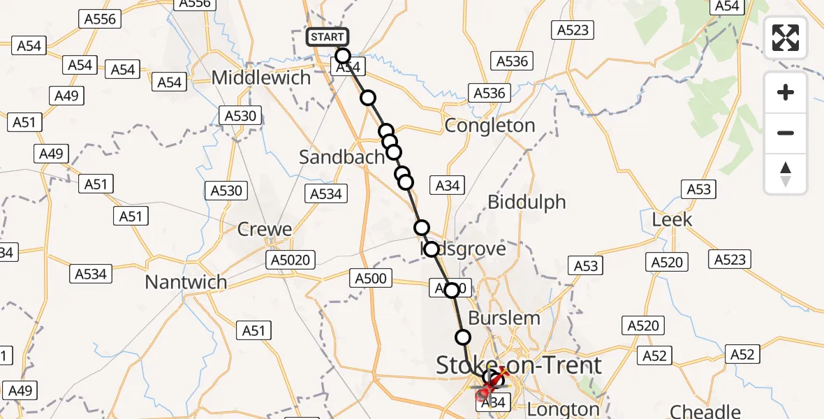 Flight path map showing Air Ambulance Helicopter route from Cranage to Stoke