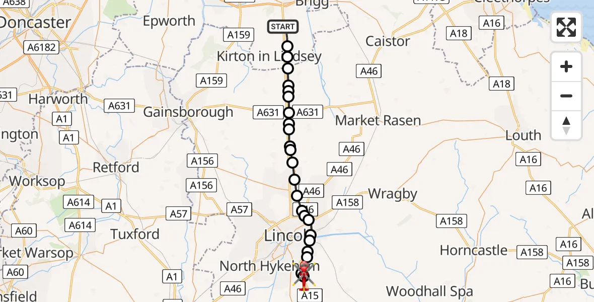 Flight path map showing Air Ambulance Helicopter route from Hibaldstow to North Kesteven
