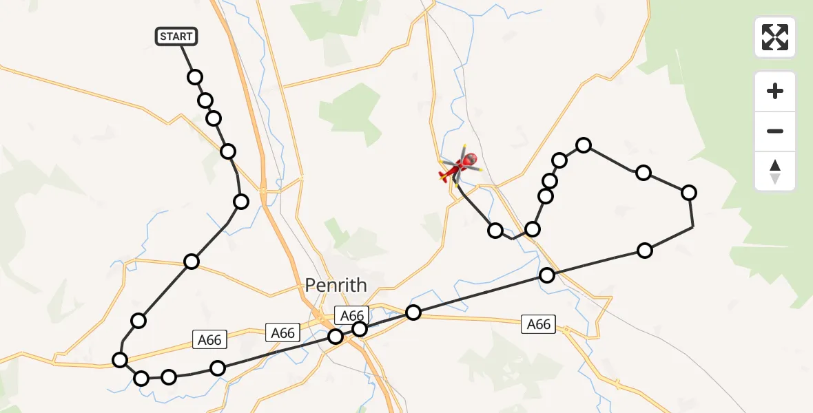 Flight path map showing Air Ambulance Helicopter route from Calthwaite to Edenhall