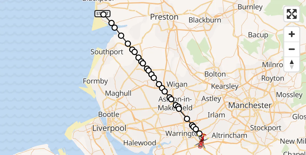 Flight path map showing Air Ambulance Helicopter route from Blackpool Airport to Lymm