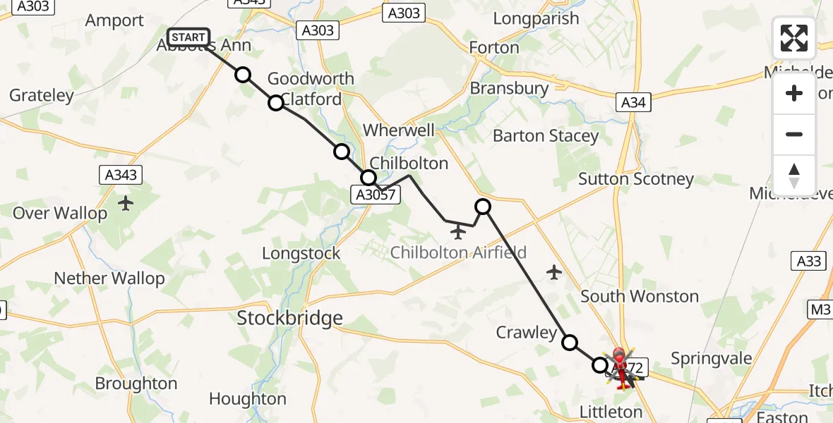 Flight path map showing Air Ambulance Helicopter route from Abbotts Ann to Littleton